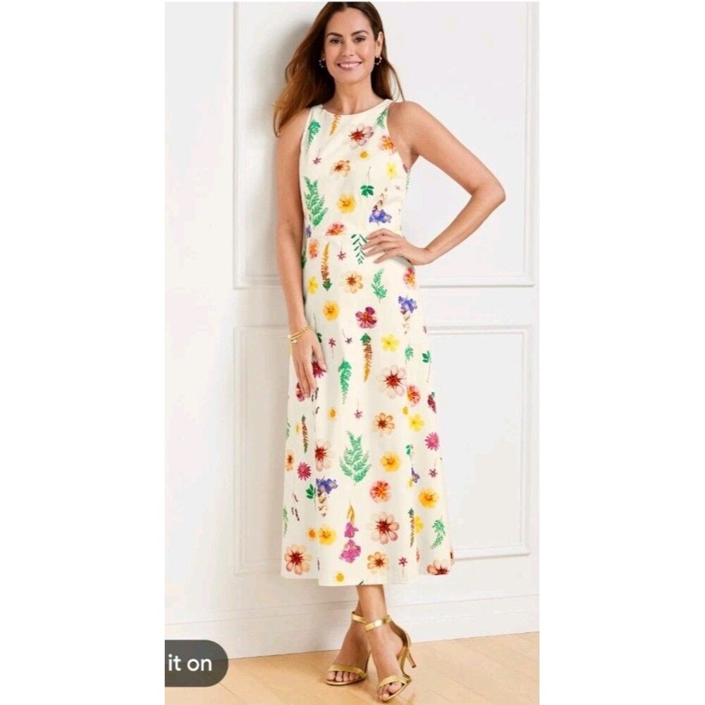 Talbots Sateen Fit & Flare Dress Floral Meadow Botanical Halter Midi Cream Sz 14